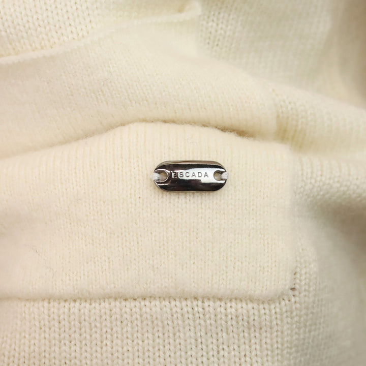 Escada Off-White Wool Knit Ruffle Neck Crystal Button Cardigan