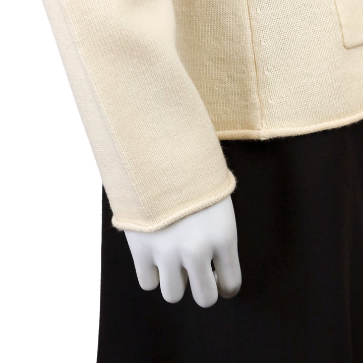 Escada Off-White Wool Knit Ruffle Neck Crystal Button Cardigan