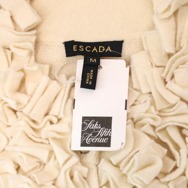 Escada Off-White Wool Knit Ruffle Neck Crystal Button Cardigan