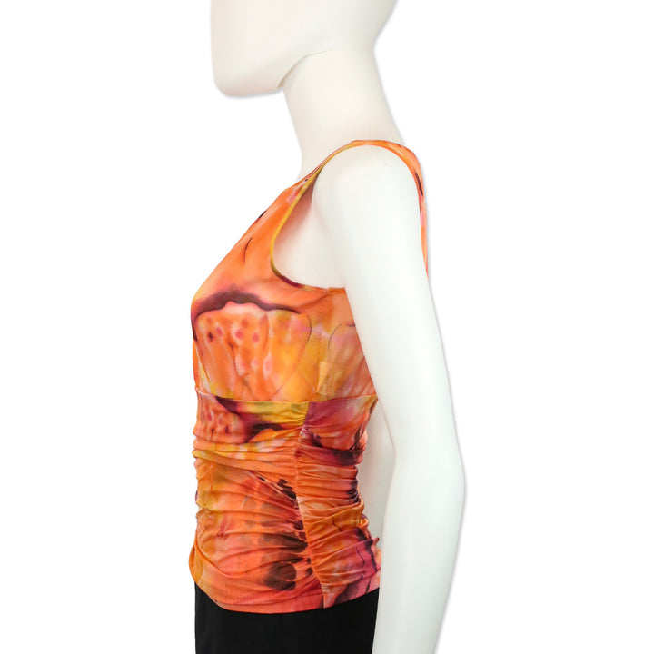 Escada Orange Multi Pattern Mesh Ruched Tank Top
