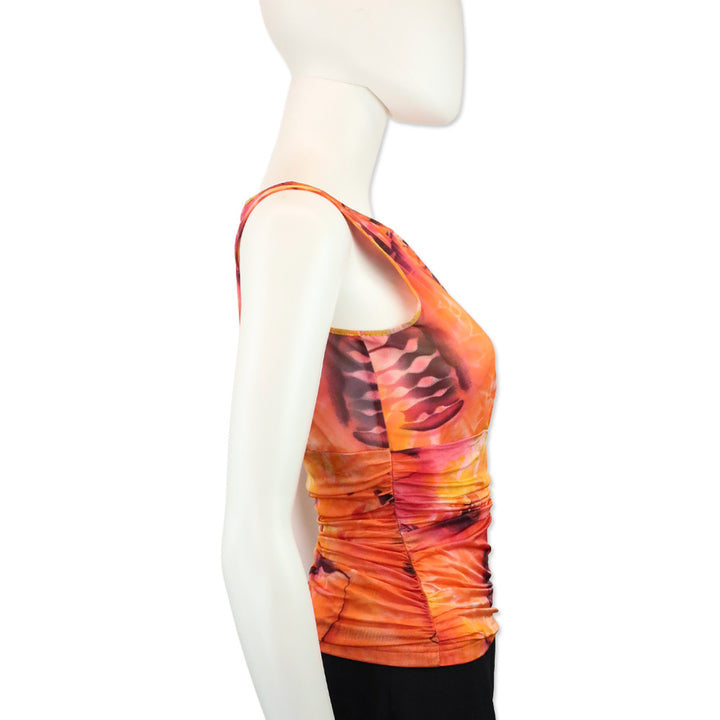 Escada Orange Multi Pattern Mesh Ruched Tank Top