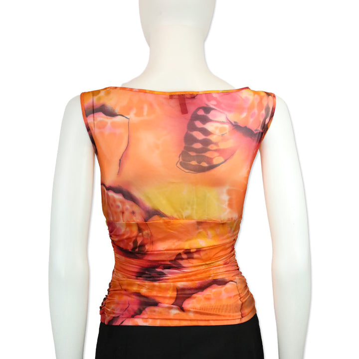 Escada Orange Multi Pattern Mesh Ruched Tank Top