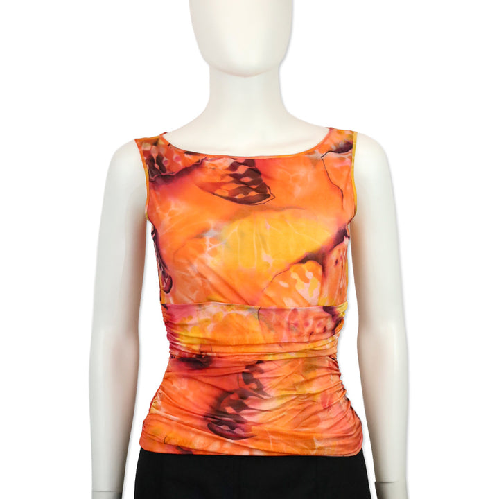 Escada Orange Multi Pattern Mesh Ruched Tank Top