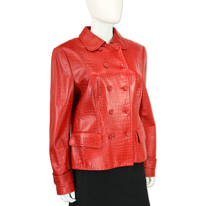 Escada Red Croc Embossed Leather Double-Breasted Jacket