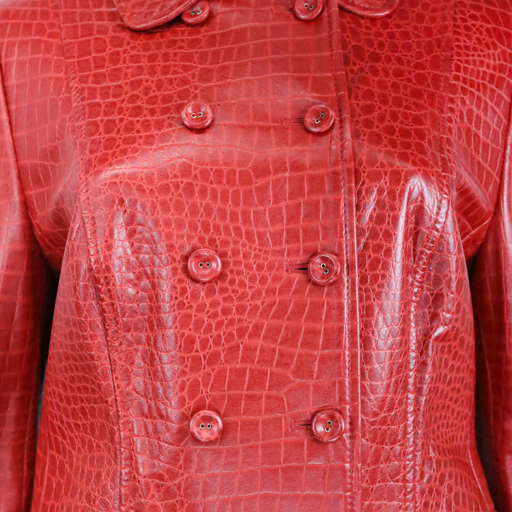 Escada Red Croc Embossed Leather Double-Breasted Jacket