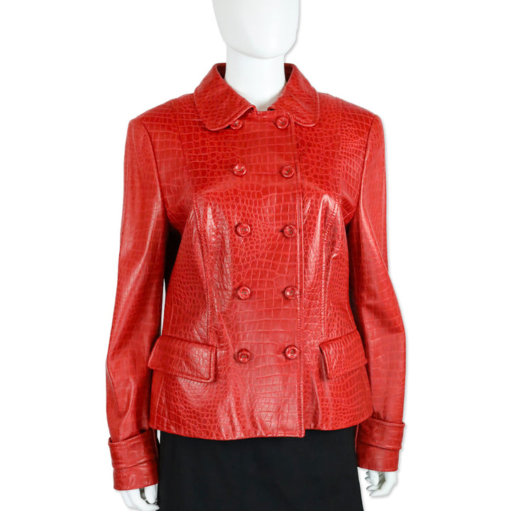 Escada Red Croc Embossed Leather Double-Breasted Jacket