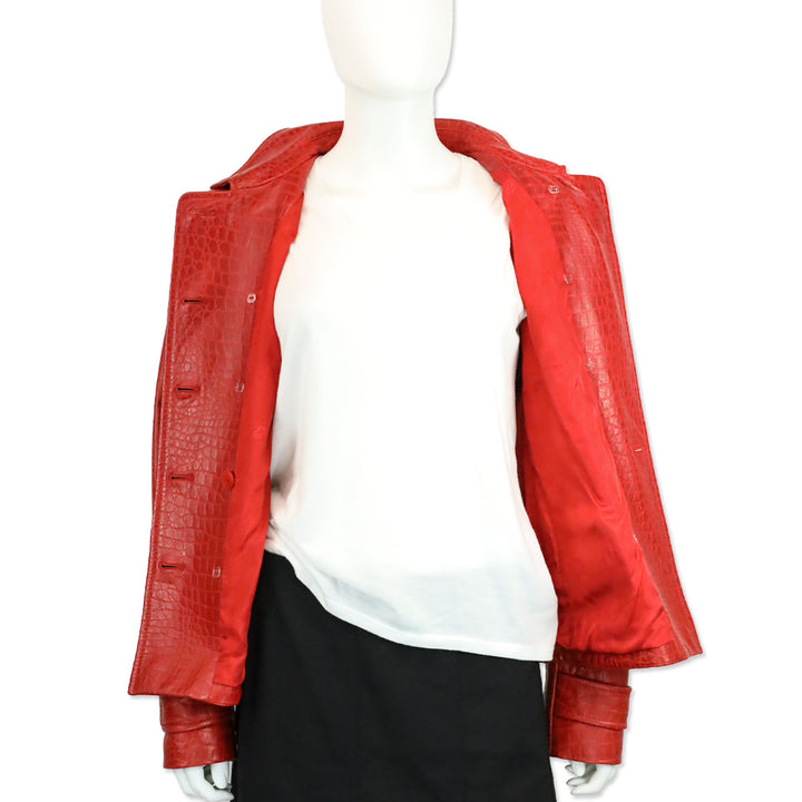 Escada Red Croc Embossed Leather Double-Breasted Jacket