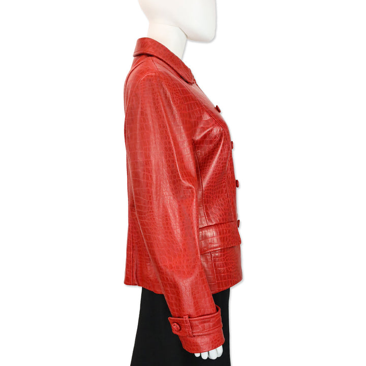 Escada Red Croc Embossed Leather Double-Breasted Jacket