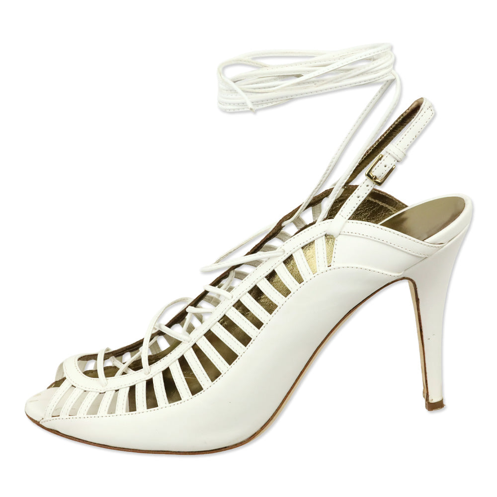 Escada White Leather Slingback Lace-Up Heeled Sandal
