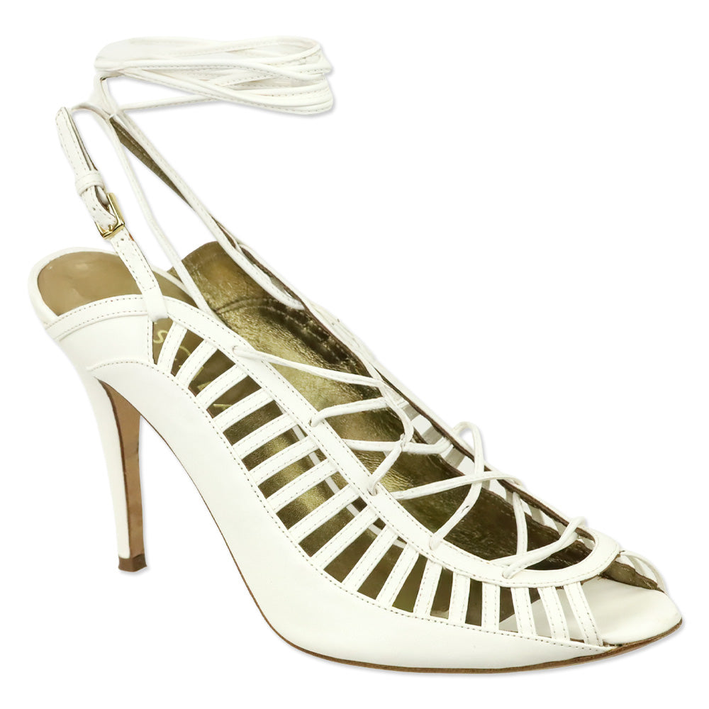 Escada White Leather Slingback Lace-Up Heeled Sandal