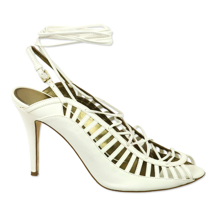 Escada White Leather Slingback Lace-Up Heeled Sandal