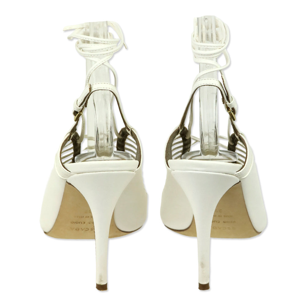 Escada White Leather Slingback Lace-Up Heeled Sandal