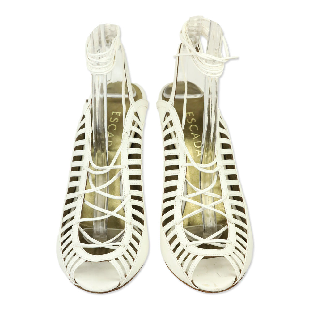 Escada White Leather Slingback Lace-Up Heeled Sandal