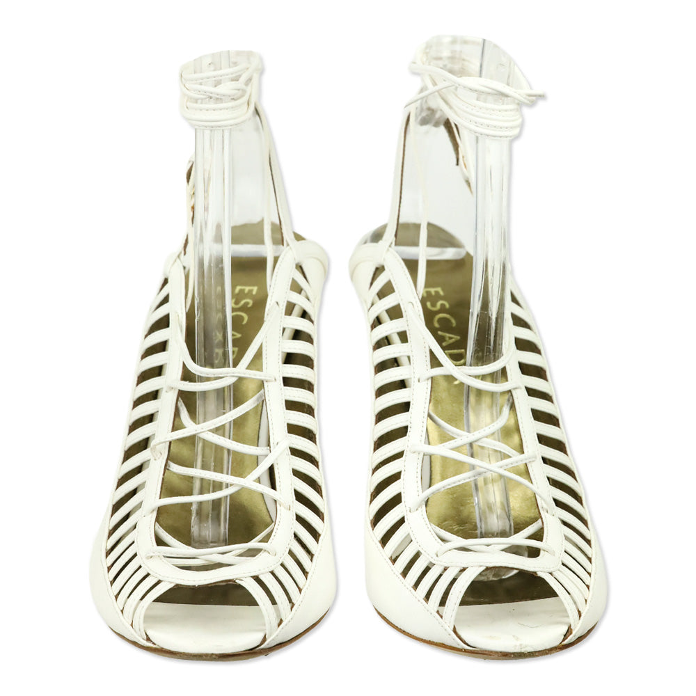 Escada White Leather Slingback Lace-Up Heeled Sandal