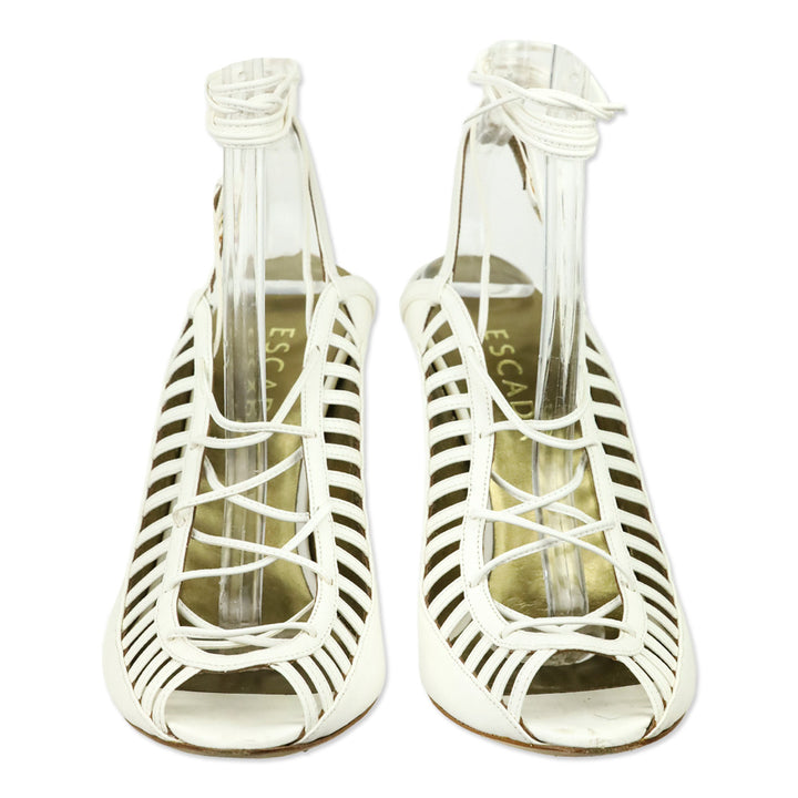 Escada White Leather Slingback Lace-Up Heeled Sandal