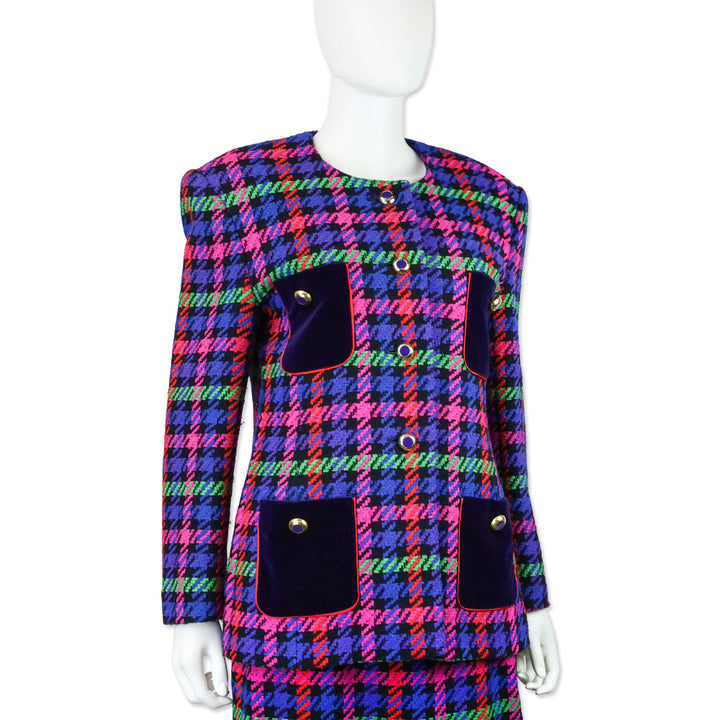 Escada by Margaretha Ley Multicolor Plaid Houndstooth Wool Blazer