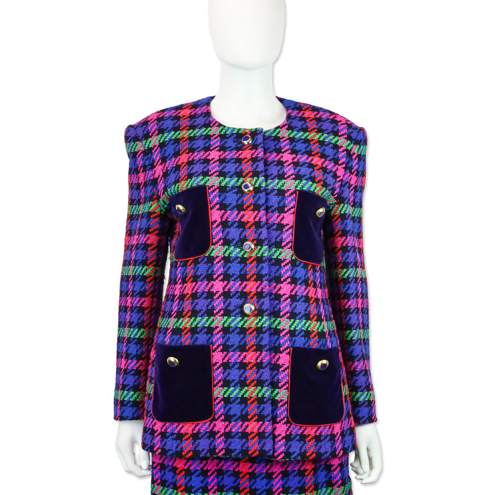 Escada by Margaretha Ley Multicolor Plaid Houndstooth Wool Blazer