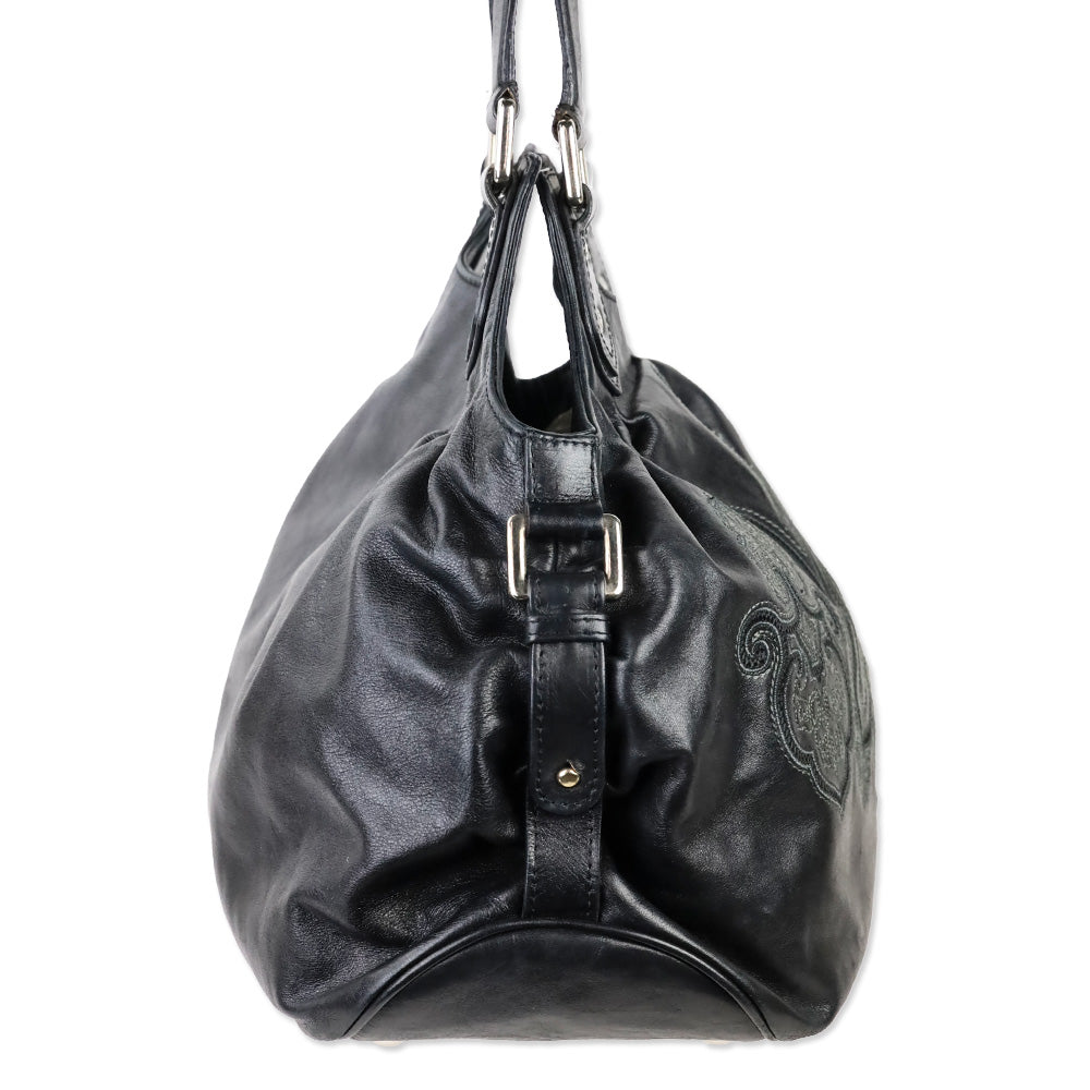Etro Black Paisley Embroidered Leather Hobo Bag