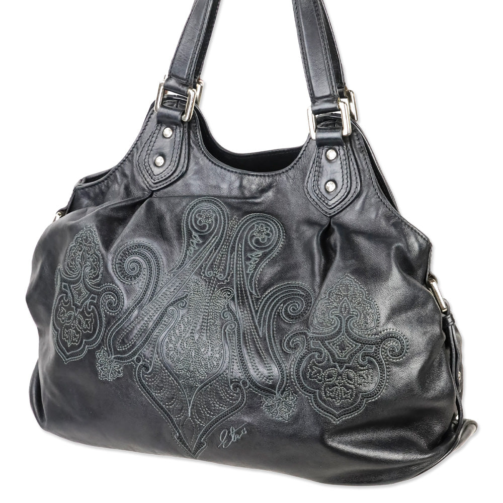 Etro Black Paisley Embroidered Leather Hobo Bag