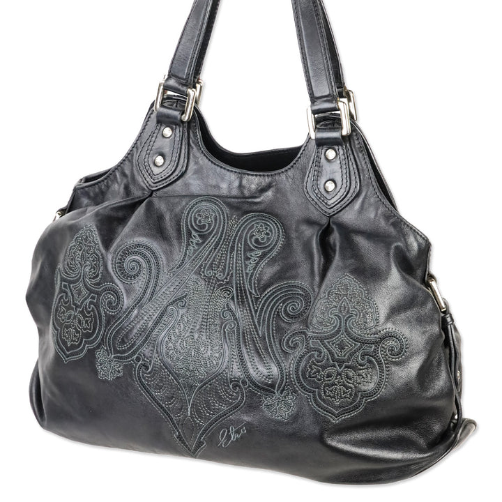 Etro Black Paisley Embroidered Leather Hobo Bag