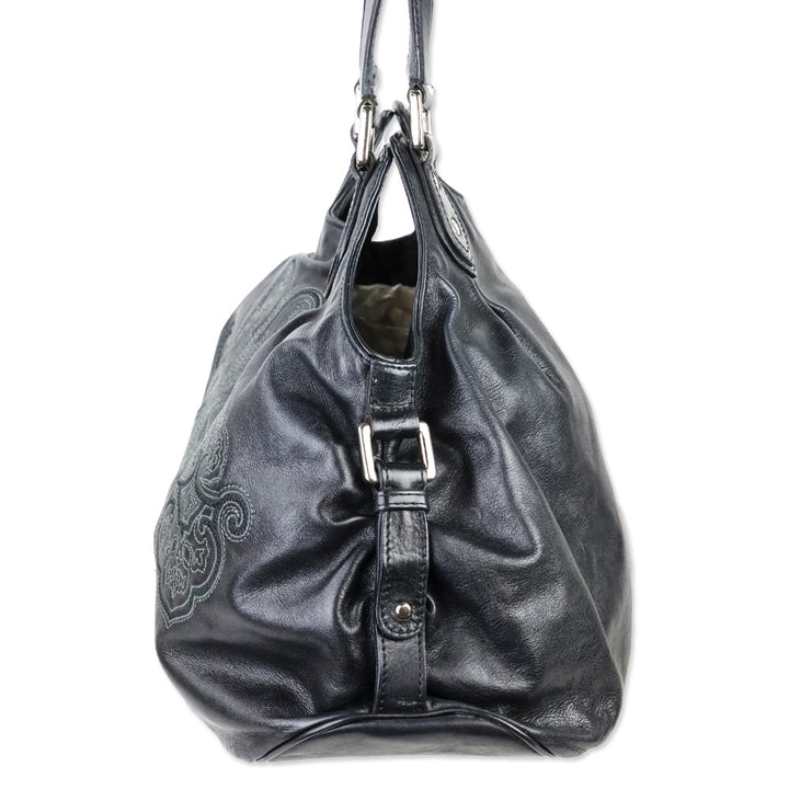 Etro Black Paisley Embroidered Leather Hobo Bag