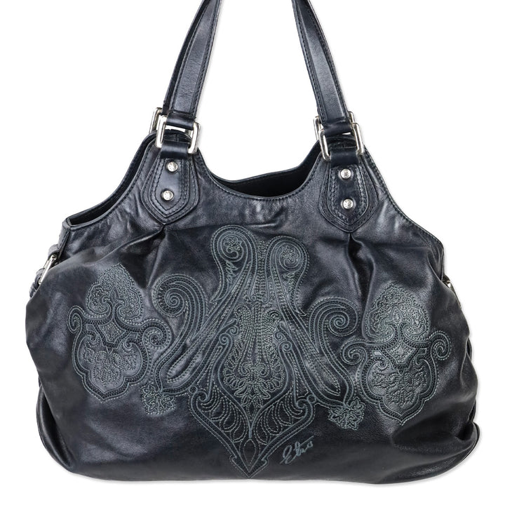 Etro Black Paisley Embroidered Leather Hobo Bag