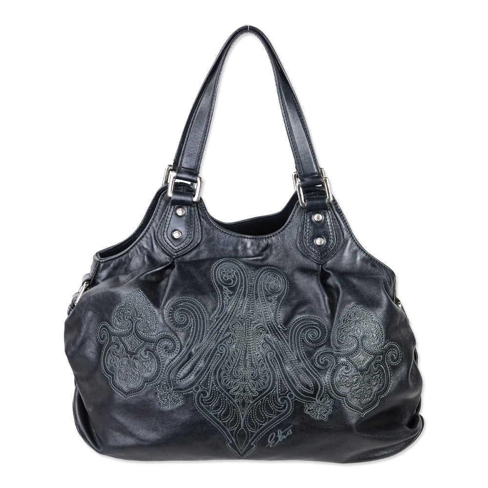 Etro Black Paisley Embroidered Leather Hobo Bag