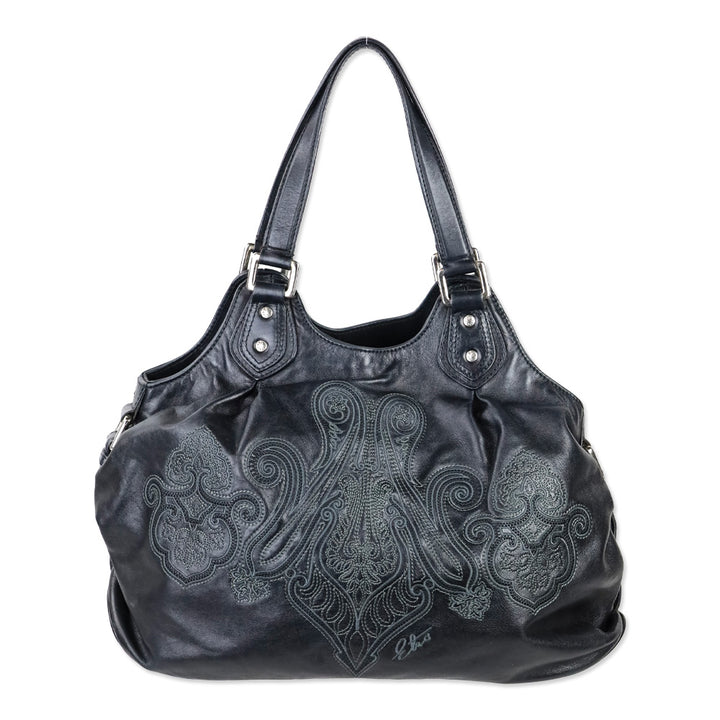 Etro Black Paisley Embroidered Leather Hobo Bag