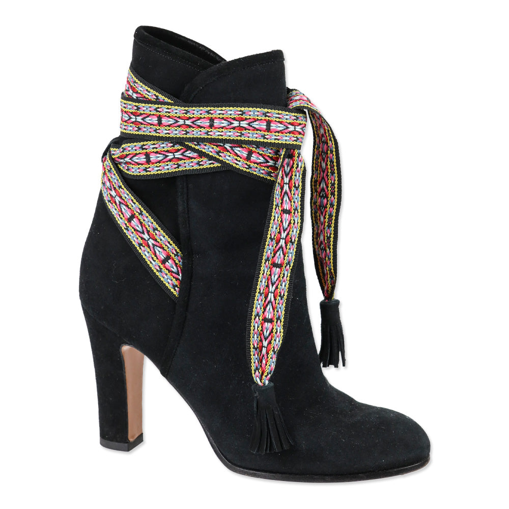 Etro Black Suede Multi Woven Lace-Up Booties