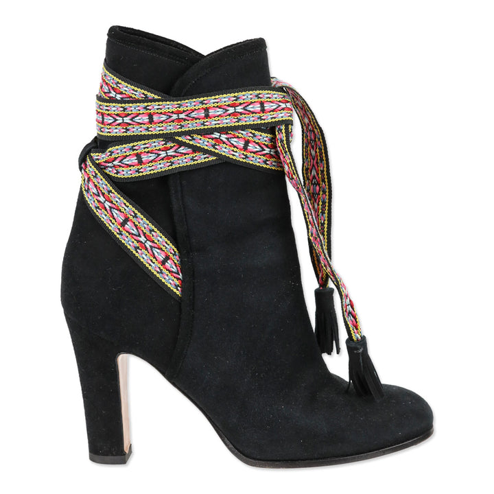 Etro Black Suede Multi Woven Lace-Up Booties