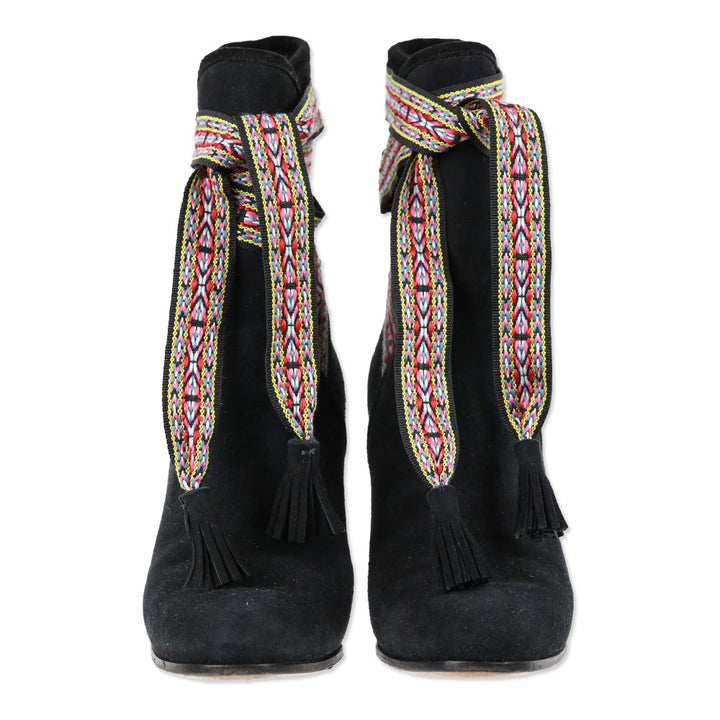 Etro Black Suede Multi Woven Lace-Up Booties