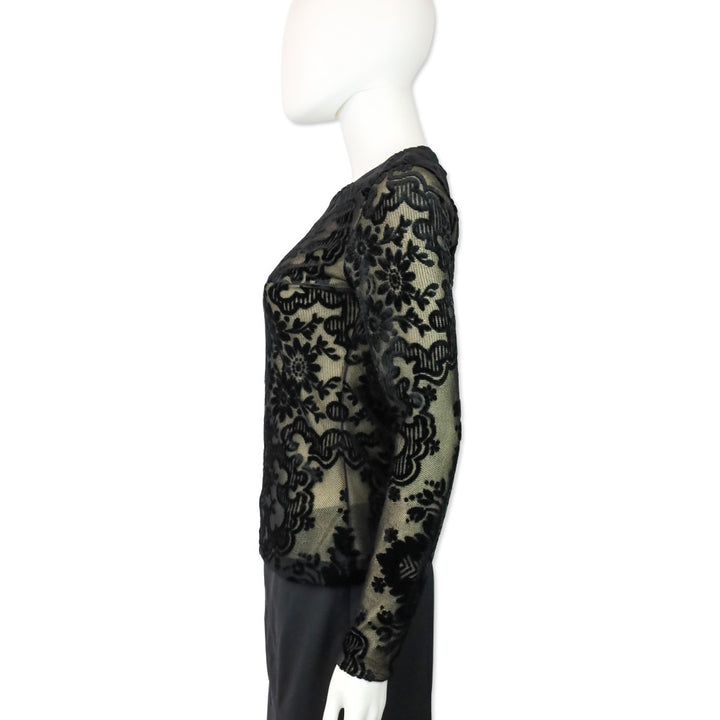 Etro Black Velvet Filigree Stretch-Mesh Long Sleeve Top