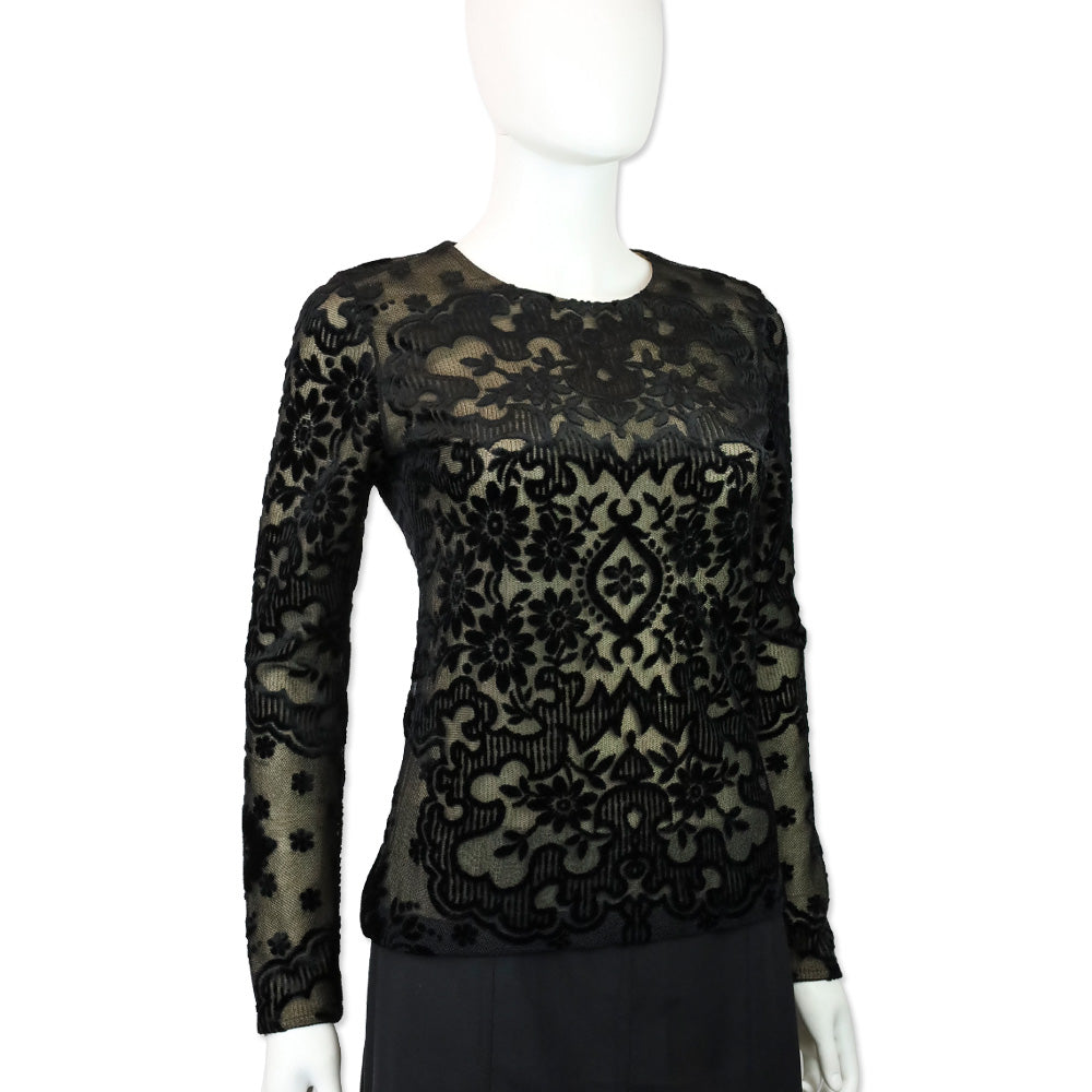 Etro Black Velvet Filigree Stretch-Mesh Long Sleeve Top