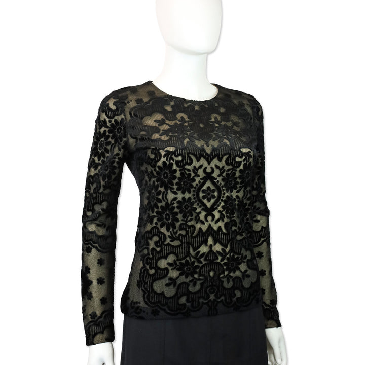 Etro Black Velvet Filigree Stretch-Mesh Long Sleeve Top