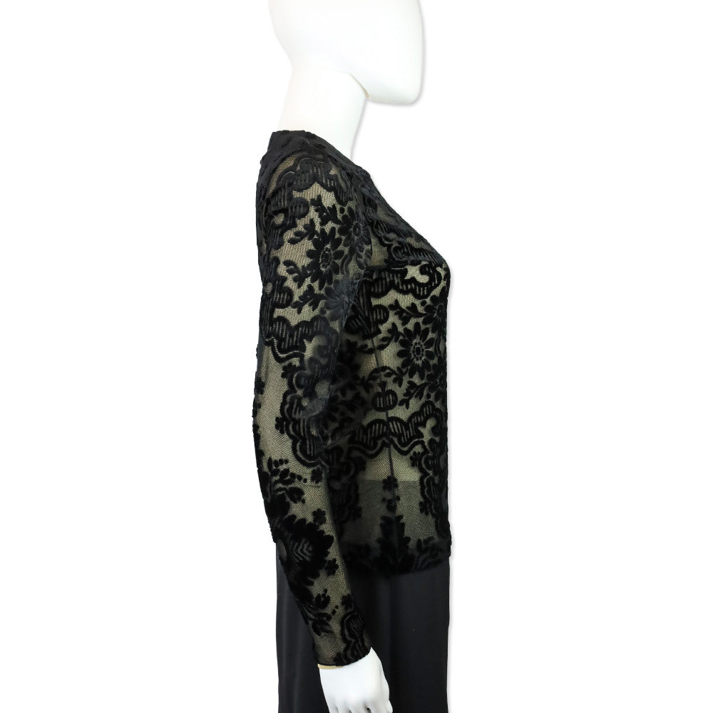 Etro Black Velvet Filigree Stretch-Mesh Long Sleeve Top