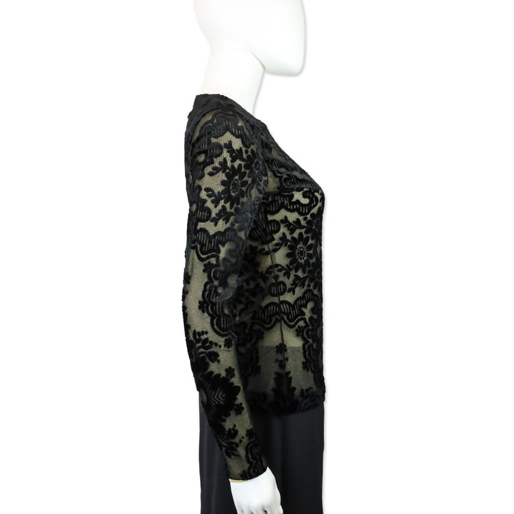 Etro Black Velvet Filigree Stretch-Mesh Long Sleeve Top