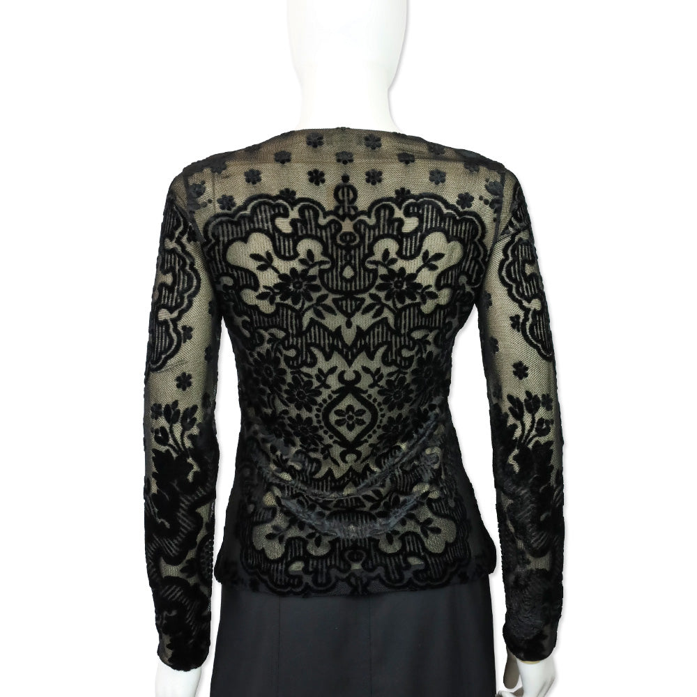 Etro Black Velvet Filigree Stretch-Mesh Long Sleeve Top