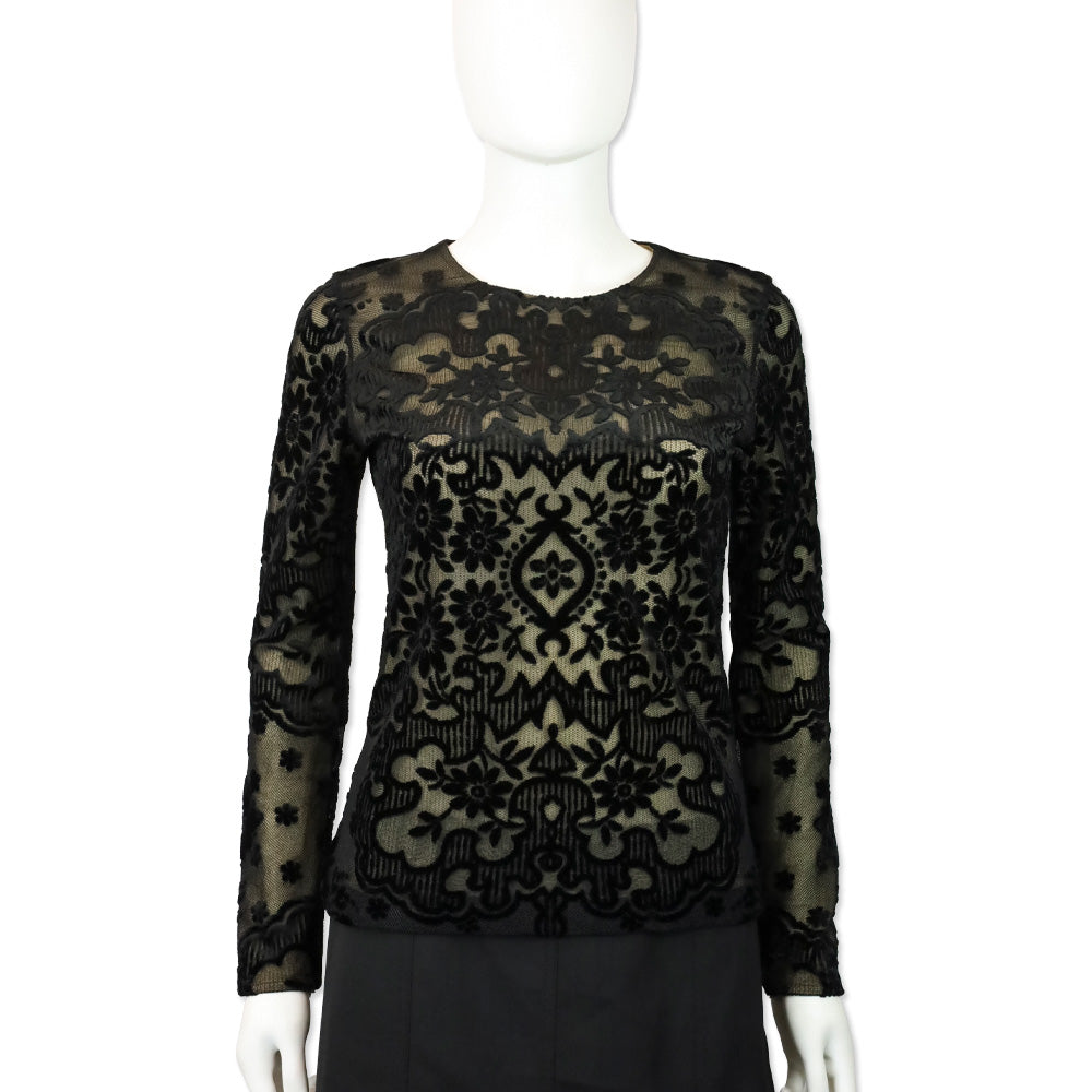 Etro Black Velvet Filigree Stretch-Mesh Long Sleeve Top
