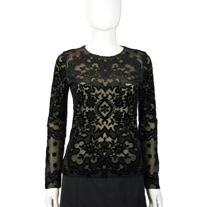 Etro Black Velvet Filigree Stretch-Mesh Long Sleeve Top