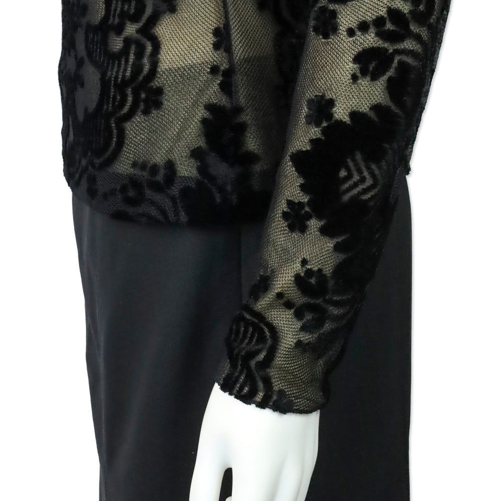 Etro Black Velvet Filigree Stretch-Mesh Long Sleeve Top