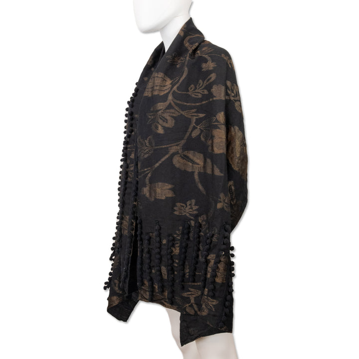 Etro Black Wool-Blend Floral Pattern Pom Pom Scarf