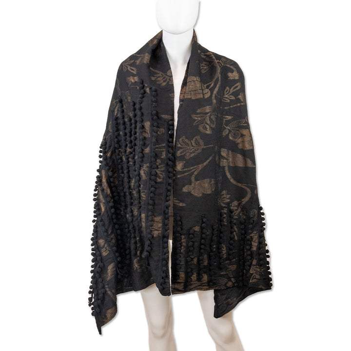 Etro Black Wool-Blend Floral Pattern Pom Pom Scarf