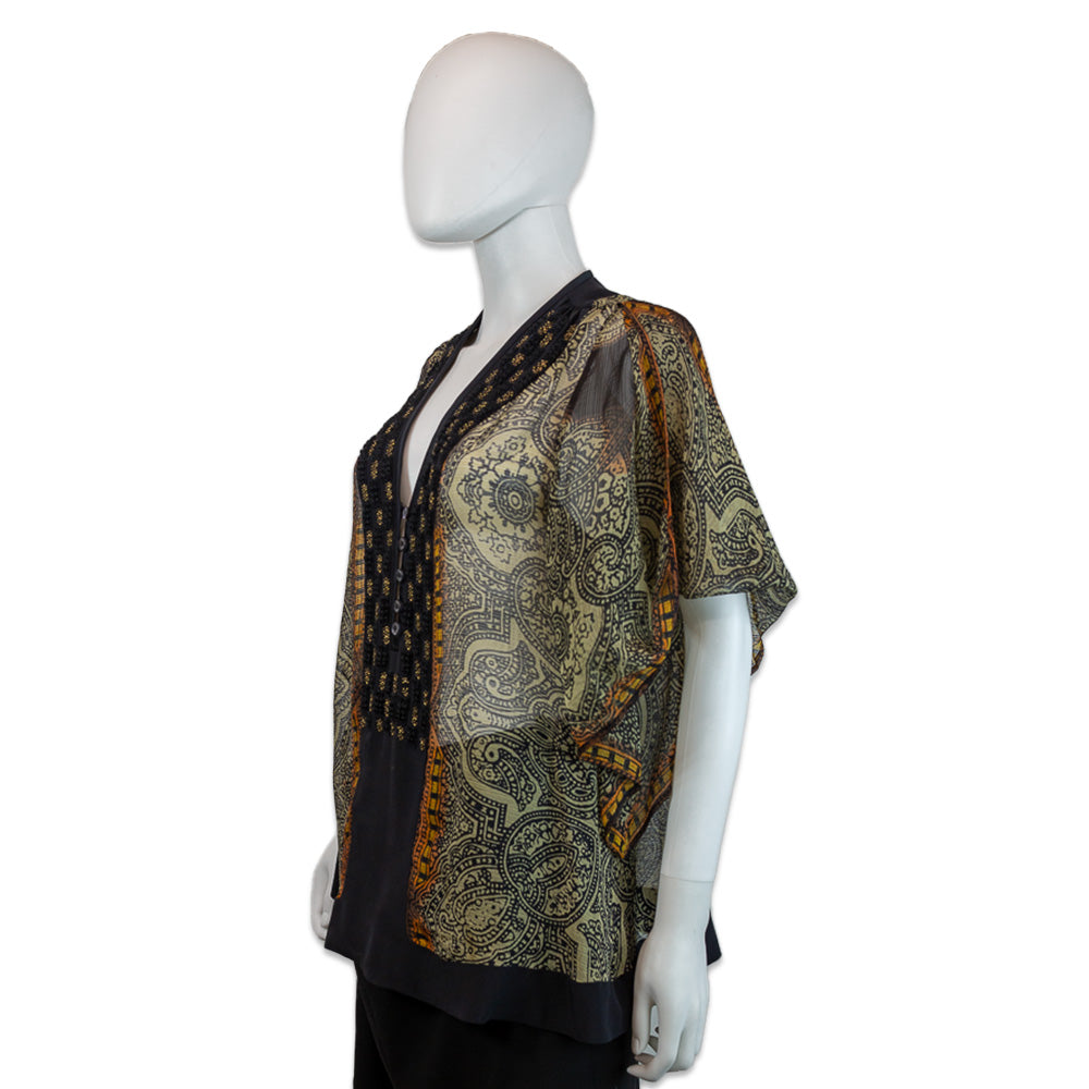 Etro Black/Beige Paisley Print Beaded Trim V-Neck Blouse