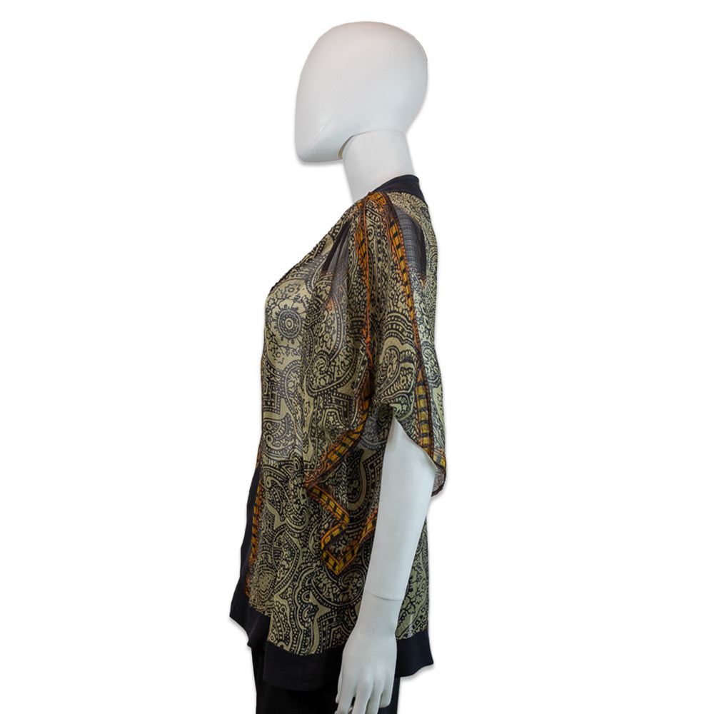 Etro Black/Beige Paisley Print Beaded Trim V-Neck Blouse