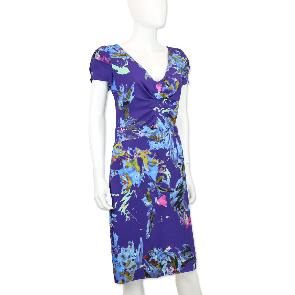 Etro Blue Floral V-Neck Short Sleeve Midi Dress