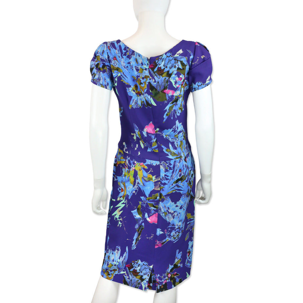 Etro Blue Floral V-Neck Short Sleeve Midi Dress