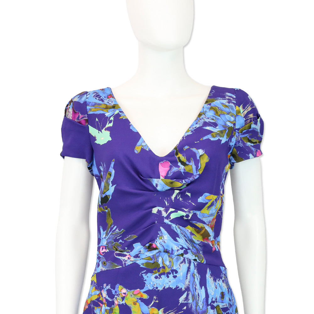 Etro Blue Floral V-Neck Short Sleeve Midi Dress