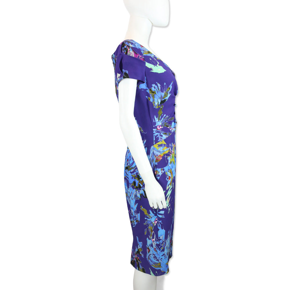 Etro Blue Floral V-Neck Short Sleeve Midi Dress