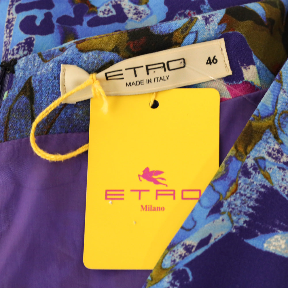 Etro Blue Floral V-Neck Short Sleeve Midi Dress