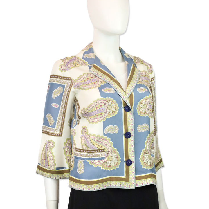 Etro Blue & Cream Paisley Print Silk Camp Collar Shirt